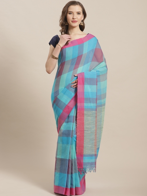

ADITRI Blue & Pink Pure Cotton Checked Saree