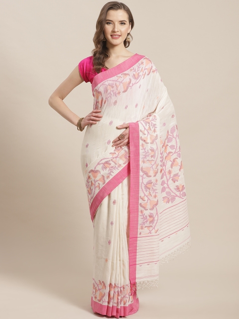 

ADITRI Off-White & Pink Pure Cotton Woven Design Jamdani Saree