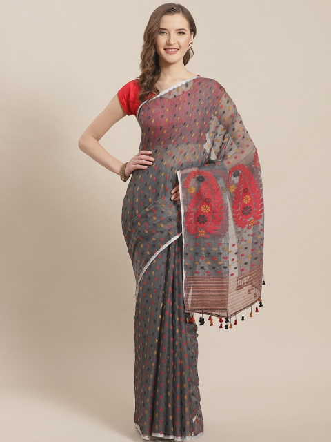 

ADITRI Charcoal Charcoal Grey & Red Silk Cotton Woven Design Jamdani Saree