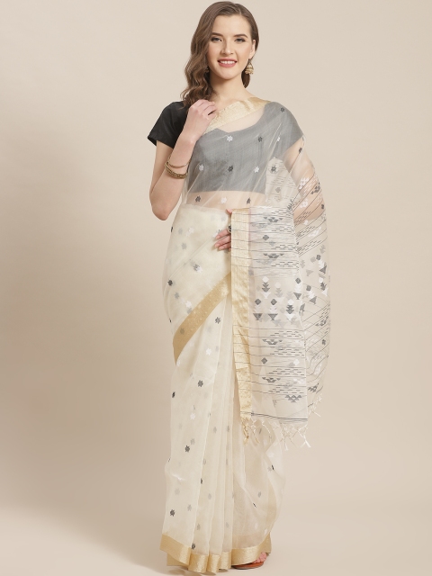 

ADITRI Cream-Coloured & Golden Pure Silk Woven Design Jamdani Saree