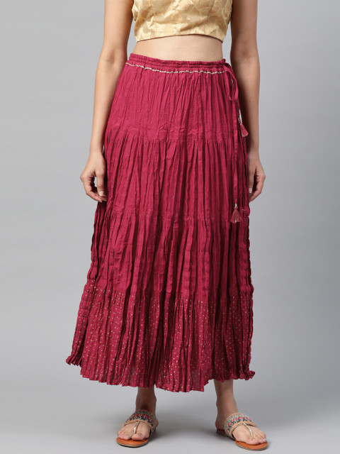 

Fabindia Women Pink Solid Crinkled Tiered Maxi Pure Cotton Skirt