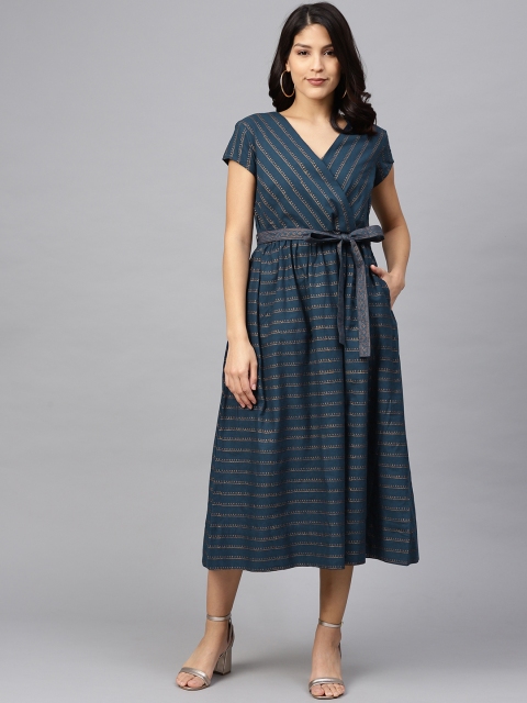 

Fabindia Women Teal Blue & Golden Striped Midi Wrap Dress With Belt
