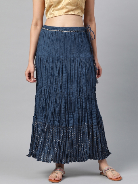 

Fabindia Women Navy Solid Crinkled Tiered Maxi Skirt, Navy blue