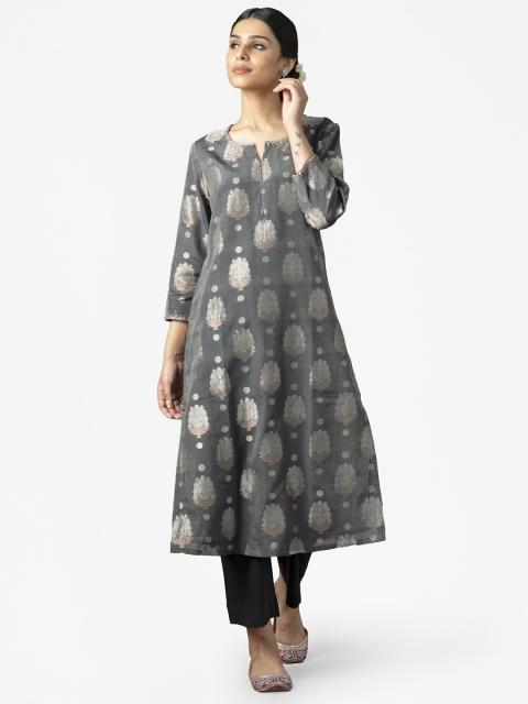

Fabindia Women Grey & Golden Woven Design A-Line Kurta
