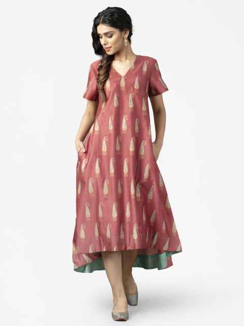 

Fabindia Women Pink & Blue Paisley Print A-Line Dress