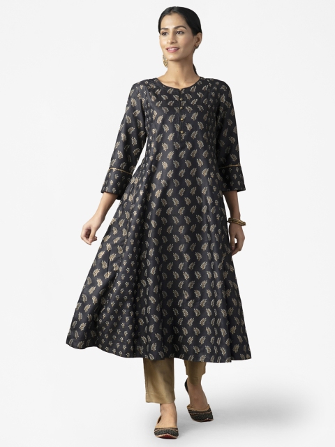 

Fabindia Women Black & Golden Ethnic Motifs Print Anarkali Kurta