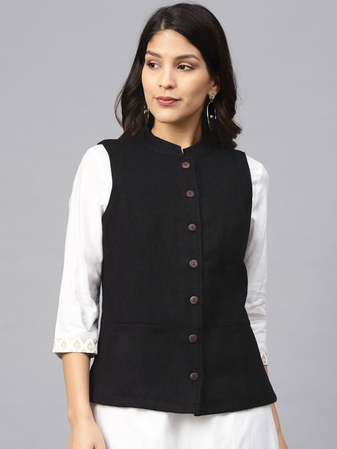 

Fabindia Women Black Self-Design Woollen Ethnic Jacket