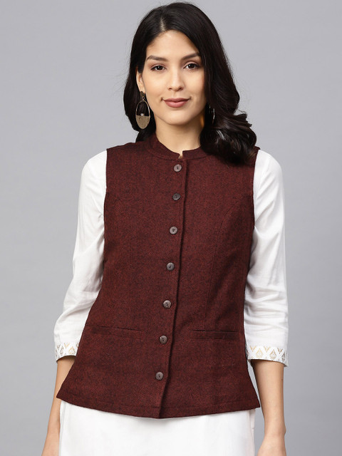 

Fabindia Women Burgundy Self Design Woollen Ethnic Jacket