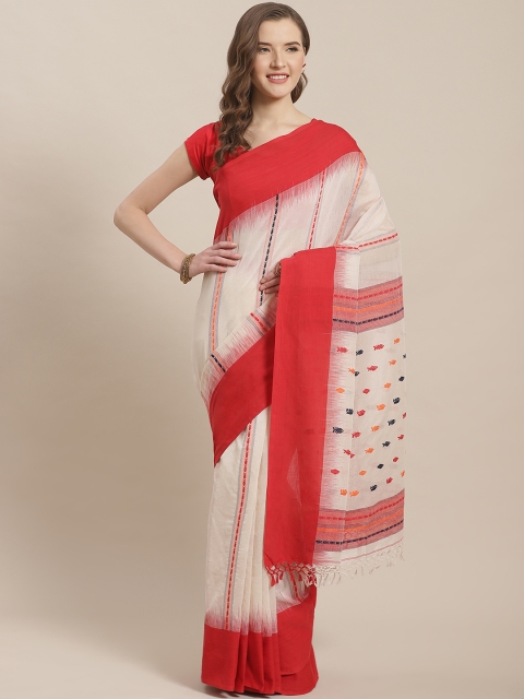 

ADITRI Cream-Coloured & Red Pure Cotton Striped Saree