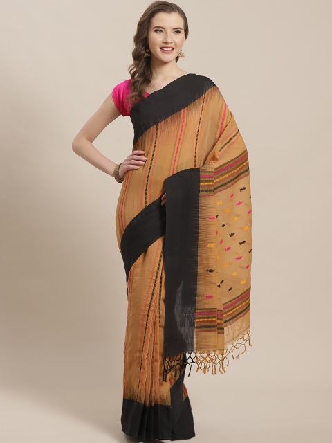 

ADITRI Beige & Black Pure Cotton Striped Saree
