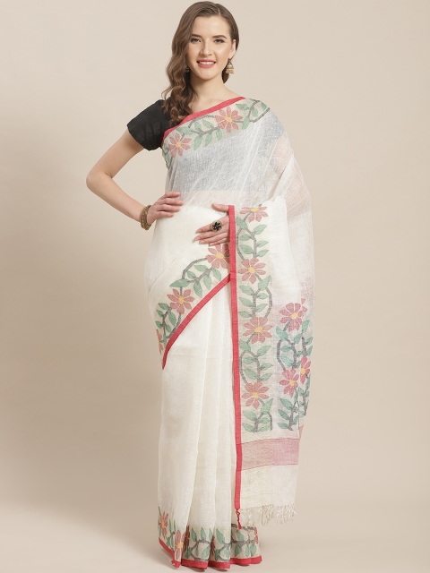

ADITRI Off White Solid Linen Silk Jamdani Saree
