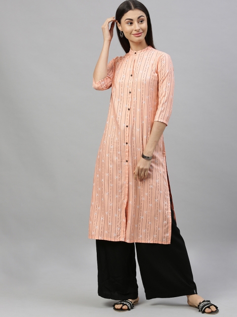

MIMOSA Women Peach-Coloured & Burgundy Striped Straight Kurta