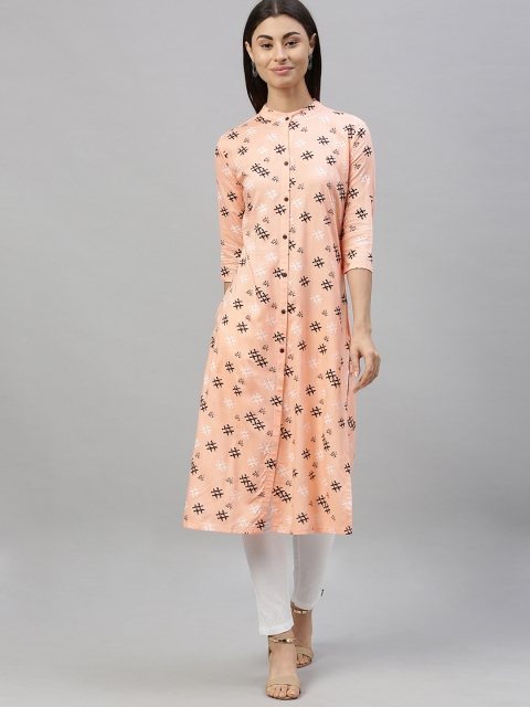 

MIMOSA Women Peach-Coloured & Black Printed Straight Kurta