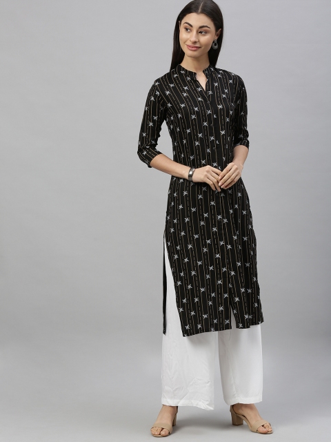 

MIMOSA Women Black & White Floral Printed Straight Kurta