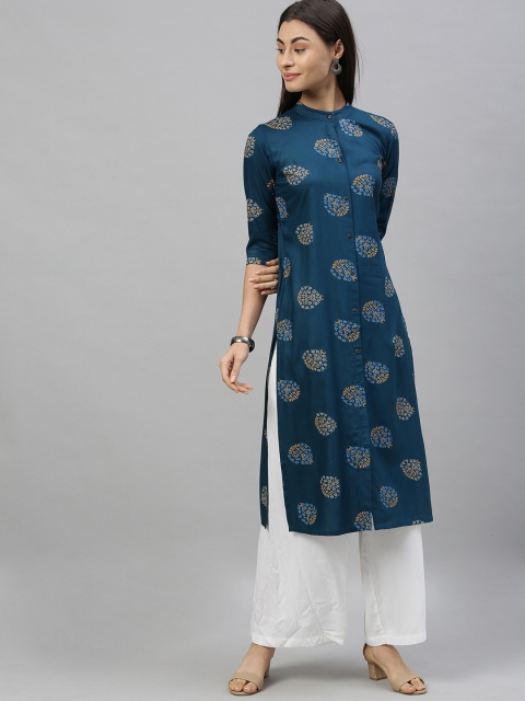 

MIMOSA Women Teal Blue & Beige Floral Printed Straight Kurta