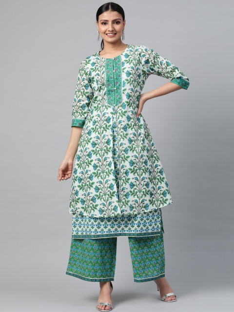 

Shree Women Off-White & Green Printed Kurta Palazzo Jacket