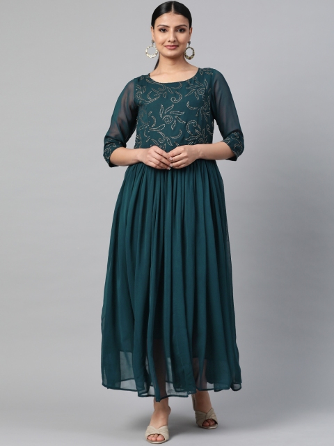 

Shree Women Teal Green & Silver Embellished Fit and Flare Maxi Dress