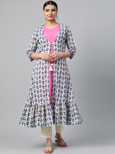 

Shree Women Off-White & Pink Solid Layered Kurta with Trousers