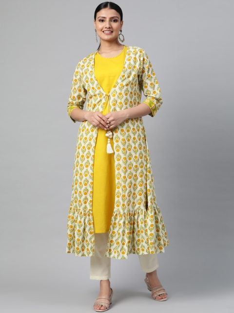 

Shree Women Off-White & Yellow Solid Layered Kurta with Trousers