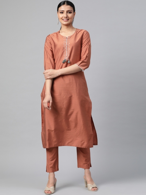 

Shree Women Rust Orange Poly Silk Solid & Floral Kurta With Pant