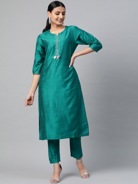 

Shree Women Teal & Silver Yoke Design Kurta with Trousers