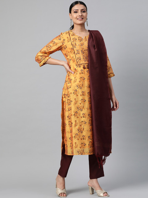 

Shree Women Mustard & Coffee Brown Floral Printed Kurta with Trousers & Dupatta