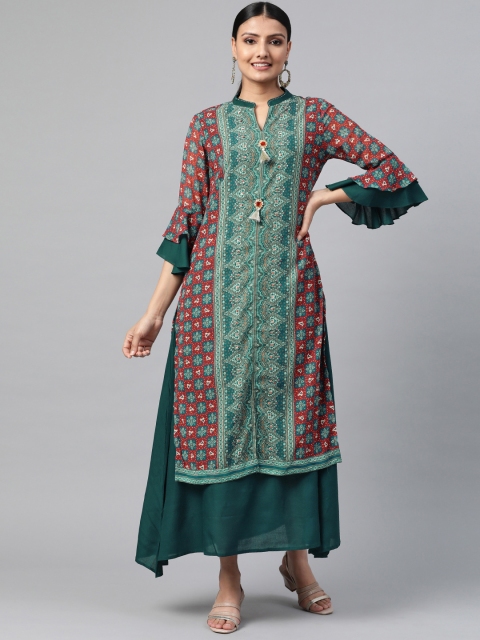 

Shree Women Green & Maroon Printed A-Line Maxi Dress