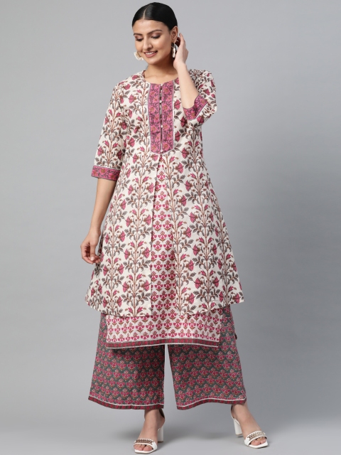 

Shree Women Off-White & Pink Printed Layered Kurta with Palazzos