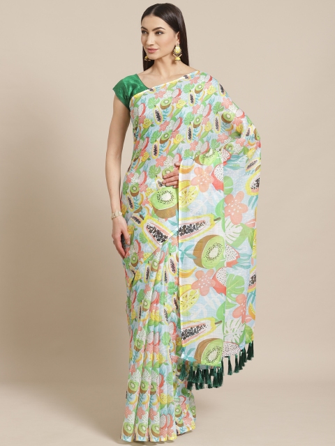 

VASTRANAND Blue & Green Quirky Block Print Saree