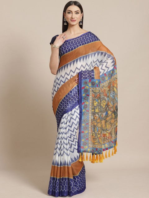 

VASTRANAND White & Blue Printed Ikat Saree