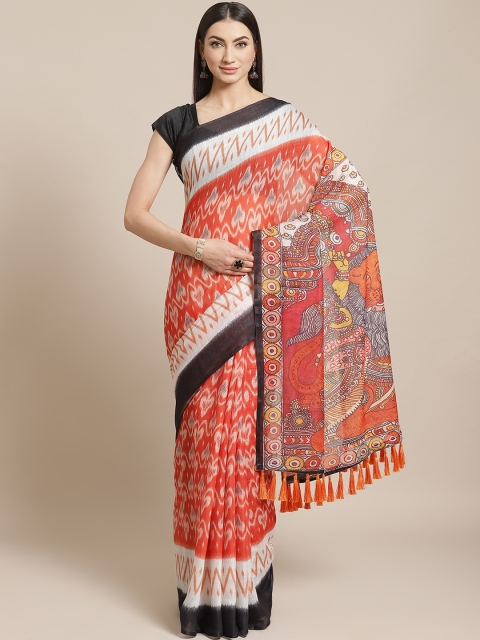 

VASTRANAND Orange & Off-White Geometric Printed Ikat Designer Saree