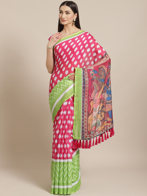 

VASTRANAND Pink & Green Printed Ikat Saree
