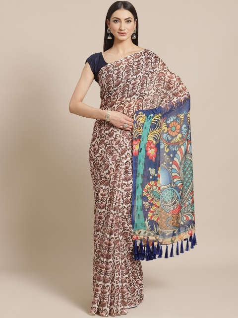 

VASTRANAND Brown & Purple Floral Printed Bagru Designer Saree