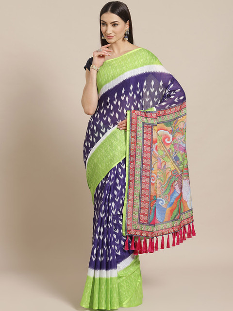 

VASTRANAND Purple & Green Floral Printed Ikat Designer Saree