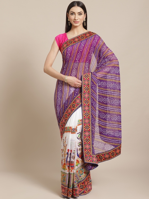 

VASTRANAND Purple & White Kutchi Embroidered Half and Half Bandhani Saree