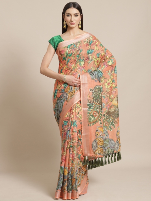

VASTRANAND Orange & Green Kalamkari Peacock Print Saree