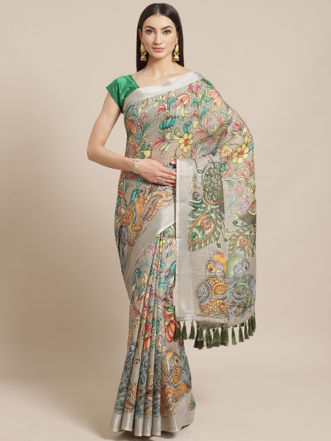 

VASTRANAND Grey & Yellow Kalamkari Print Saree