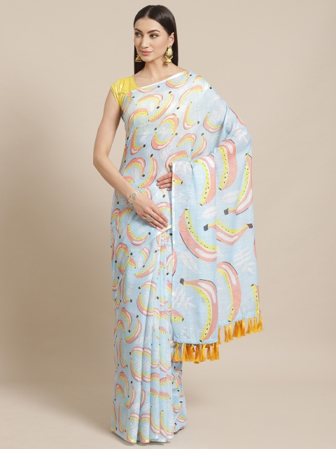 

VASTRANAND Blue & Peach-Coloured Block Print Saree