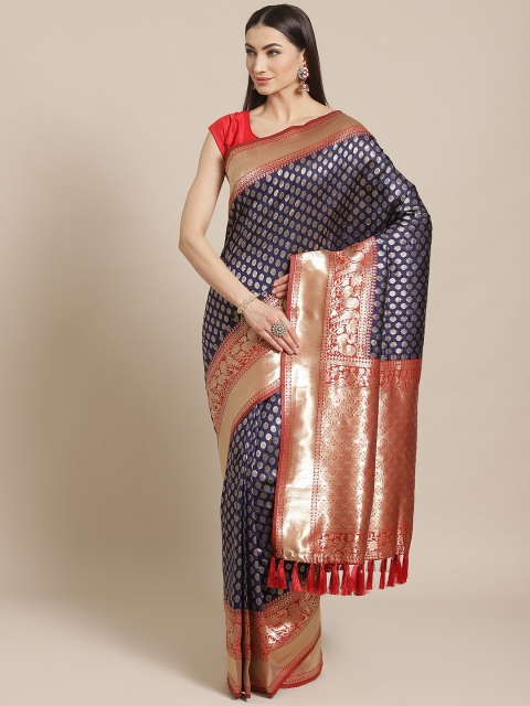 

VASTRANAND Navy Blue & Golden Zari Woven Design Banarasi Saree