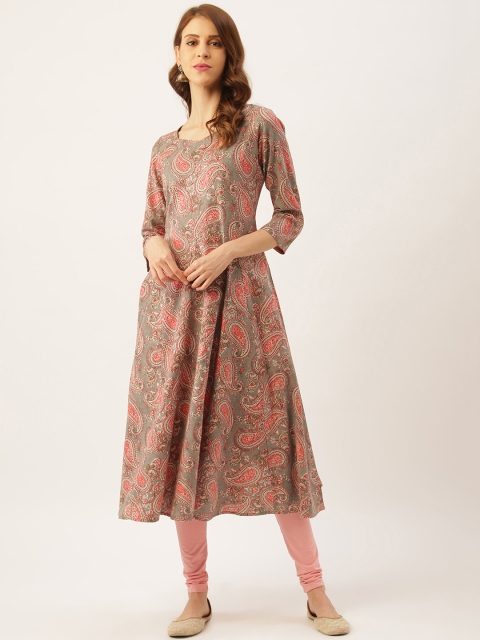 

Aayna Women Grey & Pink Block Print Handloom Anarkali Kurta