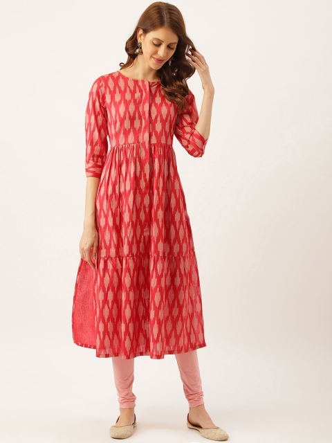 

Aayna Women Red & Off-White Block Print Handloom A-Line Tiered Ikat Kurta