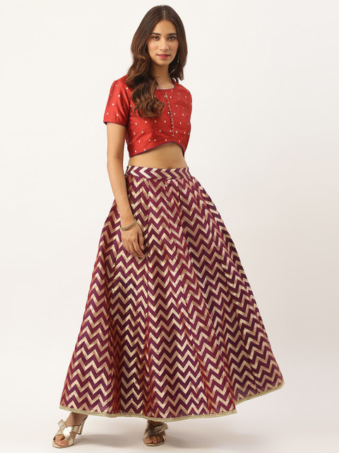 

Aayna Women Rust Red & Purple Self Design Top with Skirt