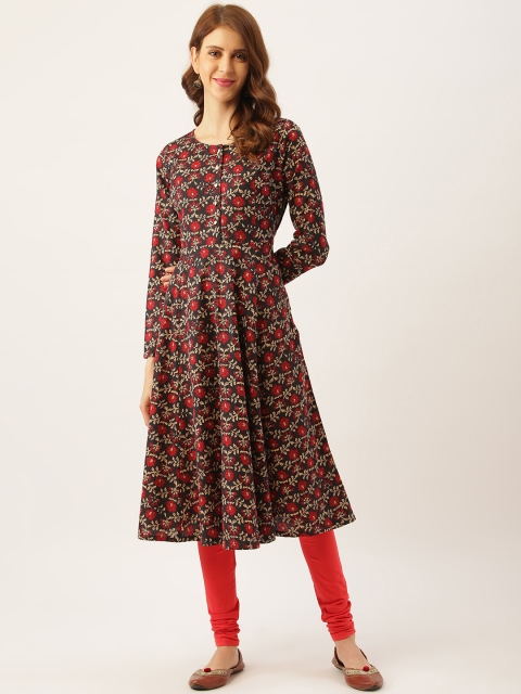 

Aayna Women Navy Blue & Red Handloom Block Print A-Line Kurta
