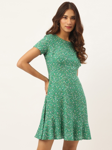

Aayna Women Green & Yellow Floral Print A-Line Dress