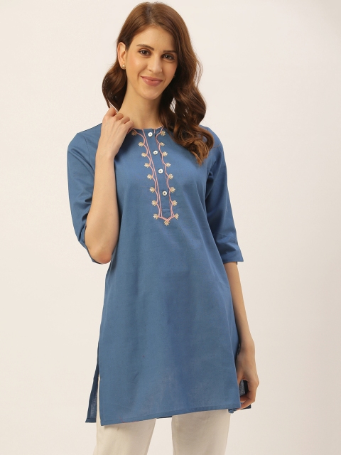 

Aayna Women Blue Yoke Design Pure Cotton Handloom Straight Kurti