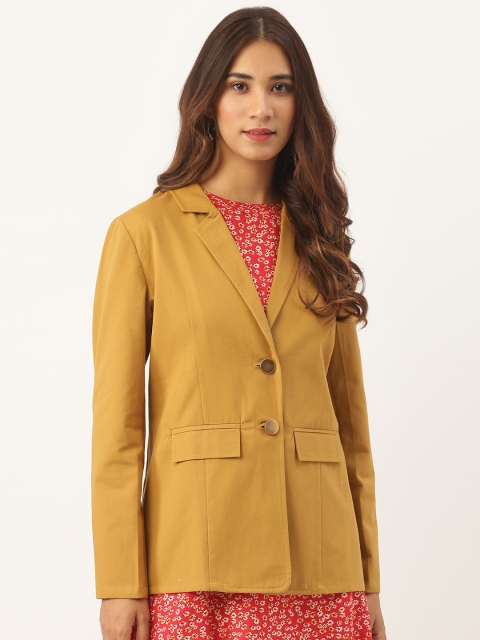

Aayna Women Mustard Yellow Solid Single-Breasted Casual Pure Cotton Blazer