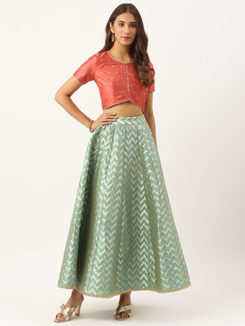 

Aayna Women Peach-Coloured & Green Self Design Top with Skirt