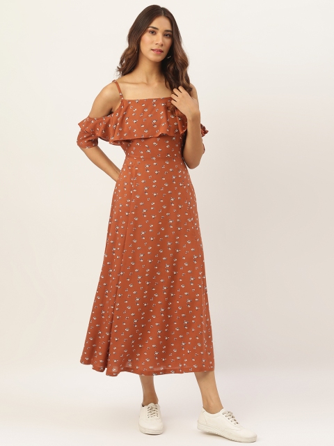 

Aayna Women Brown & White Floral Printed Fit and Flare Dress