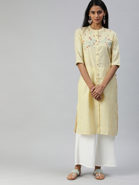 

Alena Women Yellow & Blue Striped Straight Kurta with Embroidery