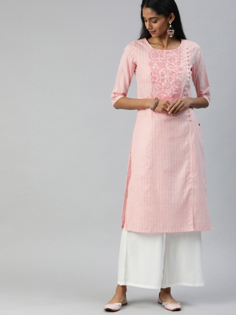 

Alena Women Pink Striped Straight Kurta With Embroidery